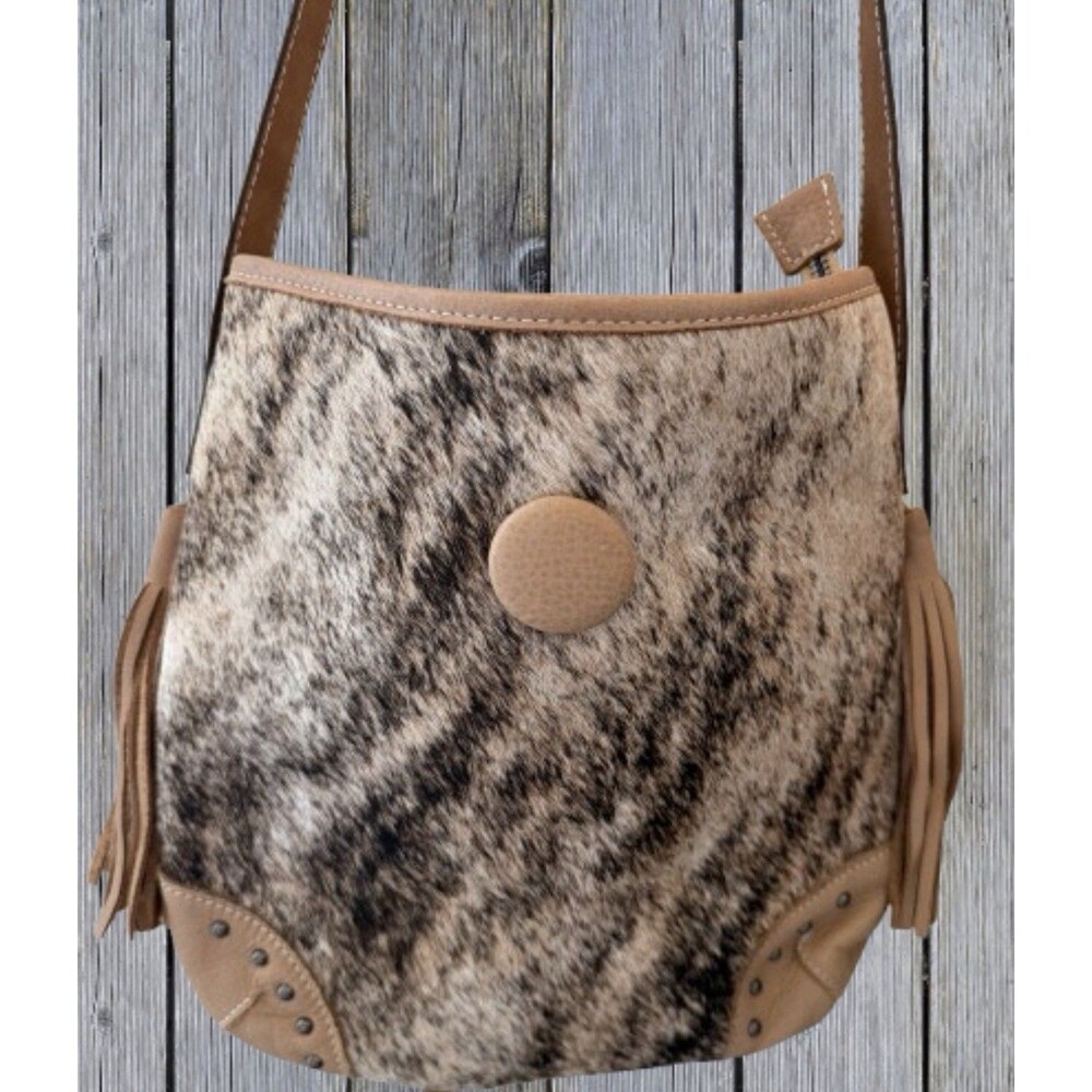 Genuine Leather Hair On Hide Cowhide Western Fringe Crossbody Purse Studded Boho